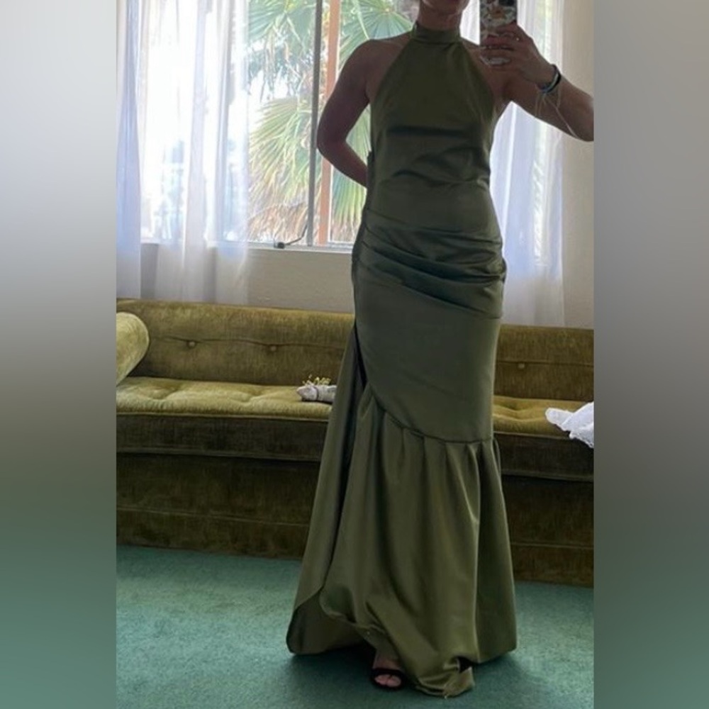 Olive Green Satin Evening Gown